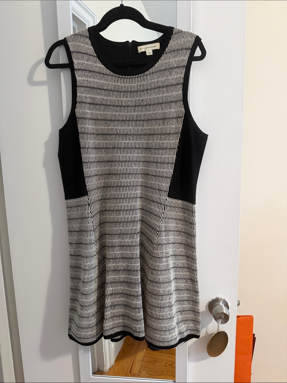 White + Warren Black and White Textured Sleeveless Fit-and-Flare Dress